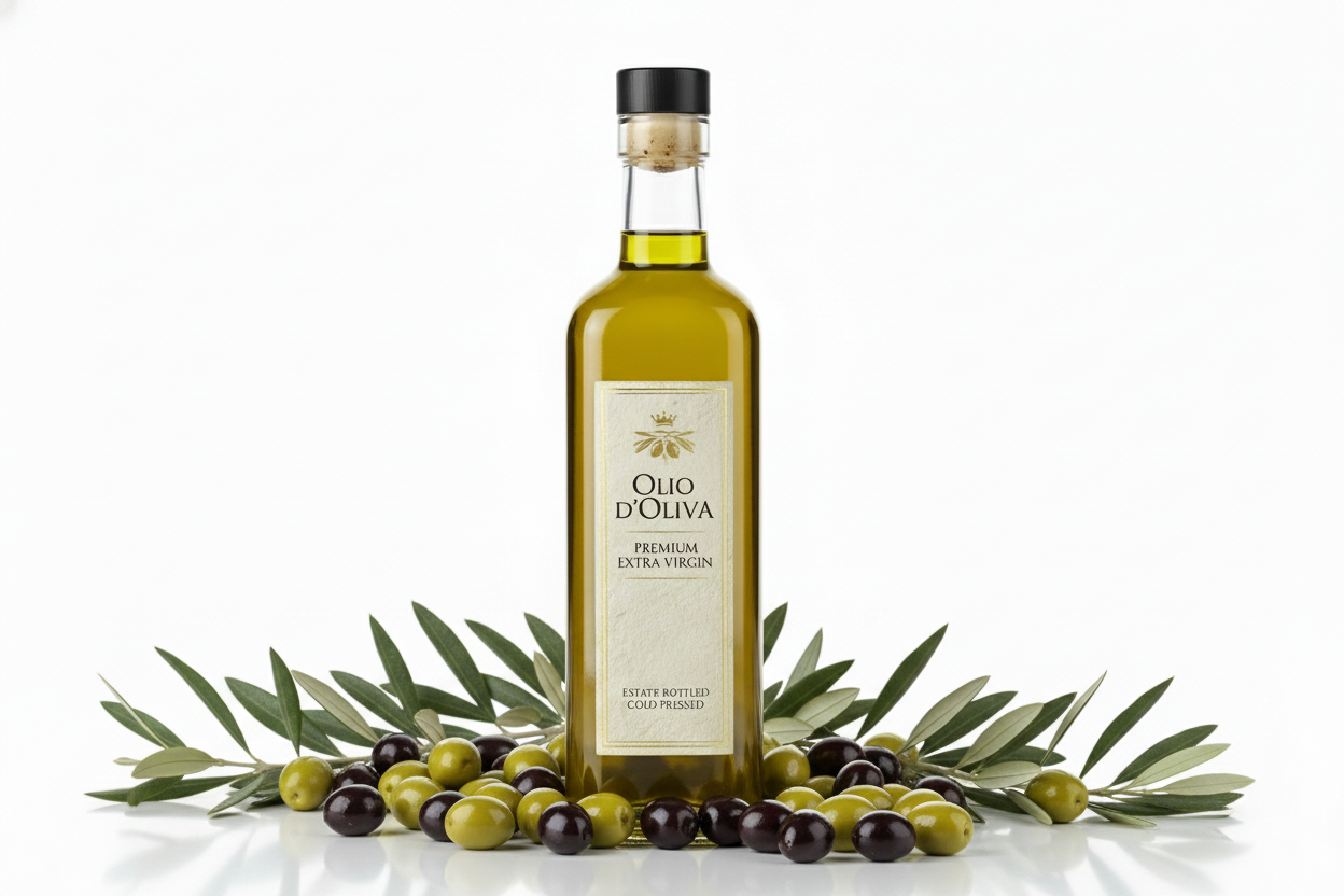 plavc random olives and olive lkeaves areound base of bottle